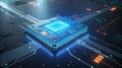 Glowing blue central processor unit on a futuristic circuit board