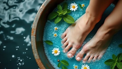 Enjoy a refreshing herbal foot soak with mint and daisies in soothing turquoise water. This pampering foot bath promotes relaxation and skin rejuvenation with natural ingredients.