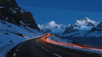 A long-exposure view of a mountain road at night with light trails from vehicles, surrounded by snow-covered peaks and a starry sky.