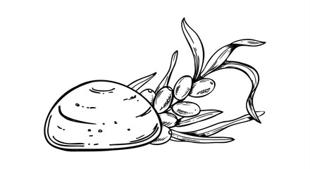 Hand drawn monochrome tasty Japanese mochi with sea buckthorn vector illustration. Baltic sallow thorn berry branch and candy line art for Japanese confectionery design, and healthy dessert packaging