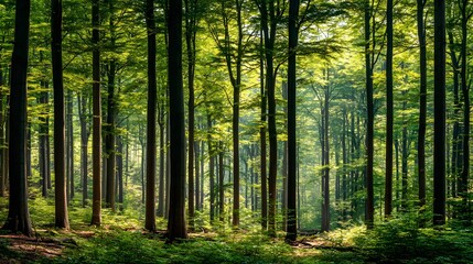 Fototapeta premium Lush green forest canopy with tall trees.