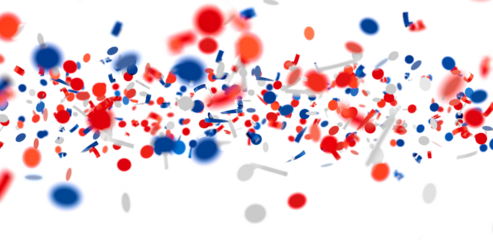 Falling confetti, red, white, and blue. Perfect for celebratory backgrounds, party invitations, and festive designs.