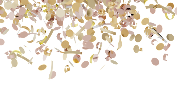 Beautiful image of gold and rose gold confetti falling on a white background. Perfect for celebration and party themes.