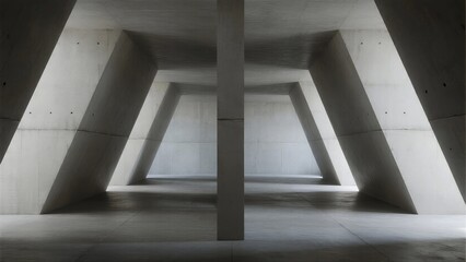 Obraz premium A minimalist concrete architectural space with geometric shapes, lines, and symmetry, featuring empty interior and structural elements.