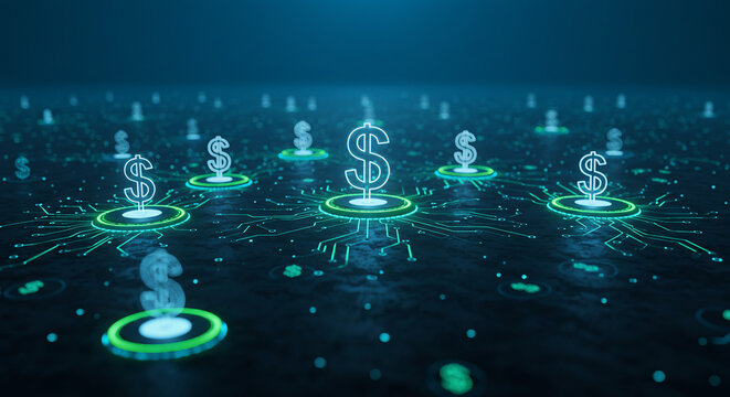 Multiple glowing dollar sign icons are positioned on illuminated platforms connected by a network of circuits against a dark blue background.