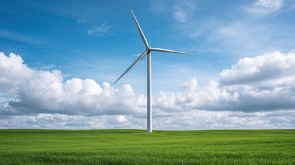 Obraz premium A large wind turbine stands in a lush green field under a bright blue sky with fluffy clouds, symbolizing renewable energy and sustainability.