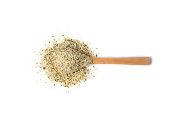 Shelled hemp seeds pile isolated, peeled cannabis grains, marijuana kernels without peel