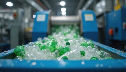 Obraz premium Plastic bottles enter recycling facility, sorted for processing into new materials. Green, clear plastic waste moves on conveyor belt towards industrial machinery, signifying circular economy in