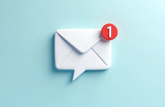 Clean white envelope icon with red notification badge showing 1 floats against plain light blue background. Minimalist design new email alerts, inbox messages, digital communication updates for apps