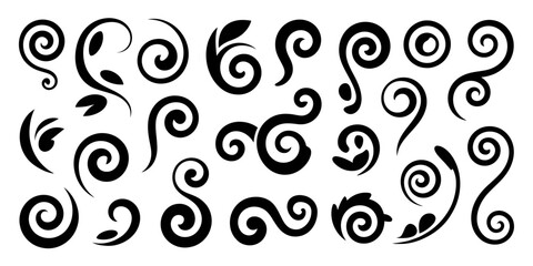 Decorative Swirl and Spiral Vector Silhouette Set &ndash; Elegant Ornamental Shapes for Graphic Design, Invitations, Logos, Tattoos, Art Projects, and Stylish Creative Design Elements

