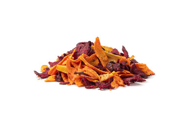 Parsnips, sweet potato, carrot and beetroot chips isolated, dry vegetable root mix, healthy snacks