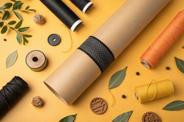 Crafting supplies including spools of thread and paper tube image