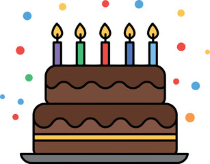 Chocolate birthday cake with candles and confetti