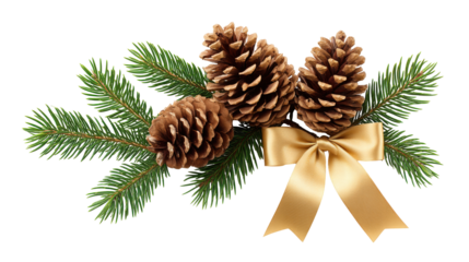 Christmas pine cones isolated on transparent background with green fir and golden bow