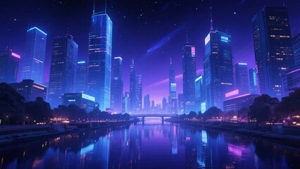 A futuristic cityscape at night with glowing neon lights reflecting on a body of water, showcasing tall skyscrapers and modern architecture.