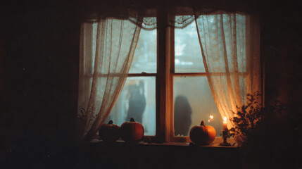 Close-up view of a spooky window in a haunted house with eerie silhouettes and pumpkins