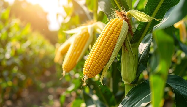 Ripe corn on the cob with sunny field.