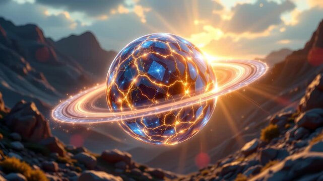 Celestial Orbiting Globe: A vibrant celestial globe with intricate energy patterns floats within the embrace of a rugged mountain range, illuminating a serene sky.