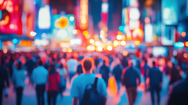 A vibrant, blurred scene of a crowd walking through a city at night, illuminated by lights.