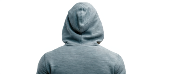 A person wearing a textured blue hoodie, viewed from behind, emphasizes the hood and fabric details.