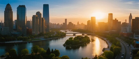 Naklejka premium Modern cityscape at sunset with tall buildings and a river reflecting the golden light of the setting sun.