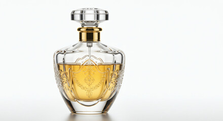 An elegant and luxurious crystal perfume bottle with intricate golden filigree design, containing a precious fragrance, isolated on a pristine white background.