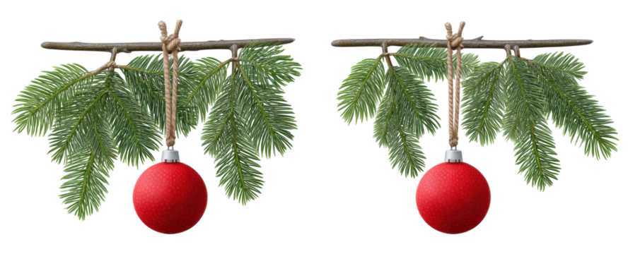 Christmas decoration with red ball isolated on transparent background with pine branch hanging