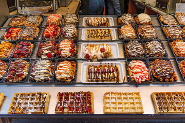 Belgian waffles in different flavors in Brussels, Belgium
