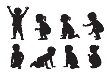Silhouette of children playing isolated on white background, depicting various poses and activities such as standing, sitting, crawling, and raising arms, showcasing childhood innocence and joy
