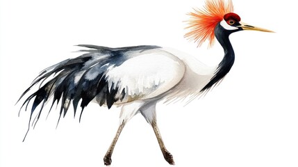 Fototapeta premium A graceful crane with a striking red and orange crest, depicted in a watercolor style.