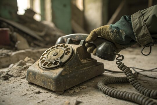 Dusty rotary phone held by gloved hand in abandoned building antique telephone - Powered by Adobe