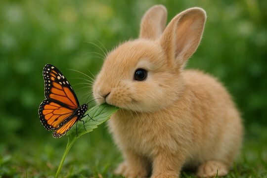 Adorable bunny meets monarch butterfly in a lush green field