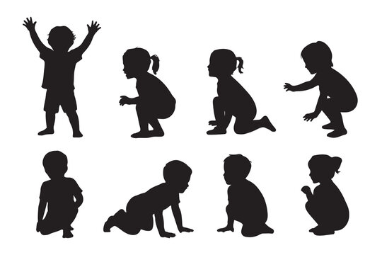 Silhouette of children playing isolated on white background, depicting various poses and activities such as standing, sitting, crawling, and raising arms, showcasing childhood innocence and joy
