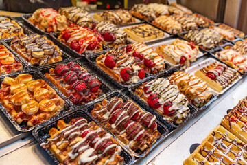 Belgian waffles in different flavors in Brussels, Belgium