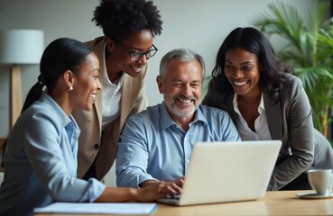 Four diverse professionals mature man, three women collaborate happily on financial project using laptop in office setting. Engage in positive conversation, reviewing data, planning strategies for
