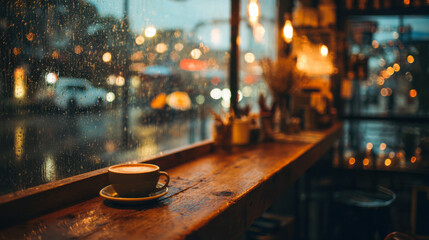 Cozy coffee shop with a wooden counter overlooking rain-soaked streets