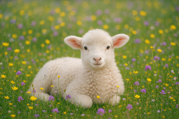 Obraz premium Adorable baby lamb rests in a field of wildflowers