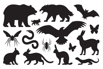Silhouette of various animals including bear, eagle, bat, butterfly, rabbit, snake, spider, lizard, rodent, insect, bird, reptile, arachnid, hare, serpent, and other creatures