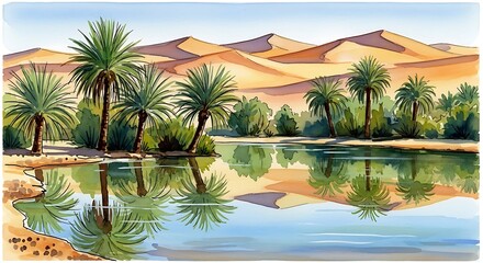 Watercolor painting of desert oasis with palm trees and sand dunes reflecting in the water surface