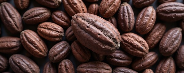 Obraz premium Dark brown cacao shells, cocoa bean husks create rich, earthy textured pattern. Natural, organic backdrop evokes themes of farming, chocolate, agriculture, sustainable food ingredients. Rich aroma,