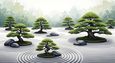 Illustration of a zen garden with bonsai trees and raked sand in a peaceful setting outdoors