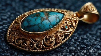 Close-up of a gold-toned pendant.  Teardrop-shaped turquoise gemstone set in intricate filigree