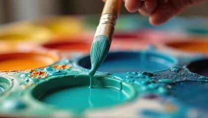 Fototapeta premium Close-up of paintbrush dipping into vibrant paint palette creativity. Teal paint drips from brush onto palette. Colors include yellow, orange, red, green, blue. Image evokes inspiration, artistic