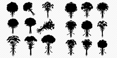 A collection of black silhouettes depicting various floral bouquets, isolated on a transparent background.
