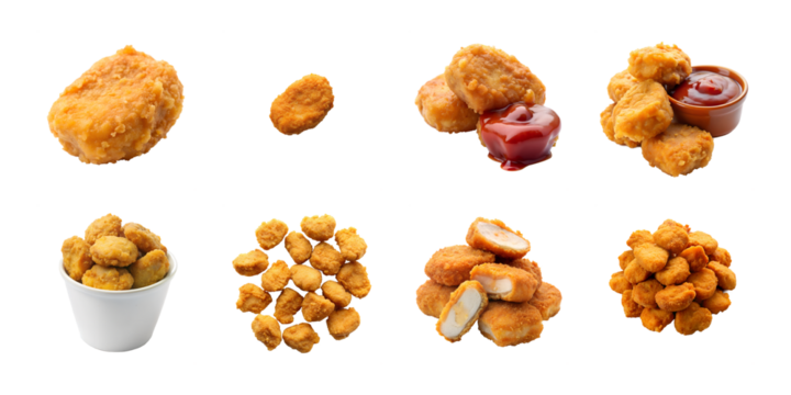 Set of Golden brown Chicken nuggets, breaded battered deep-fried baked, takeaway bucket, with ketchup ranch sauce dip, stack broken bitten pieces, isolated transparent cutout PNG, Nugget