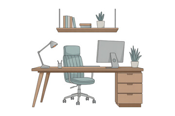 Modern home office desk with computer chair lamp and books on shelf