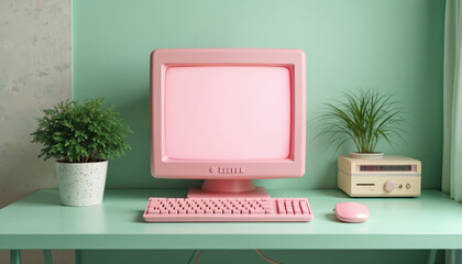 Retro pink computer setup with pastel mint green desk and plants. Vintage technology aesthetic features keyboard, mouse, and screen. Nostalgic 80s 90s vibe. Cute chic workspace decor for home office.