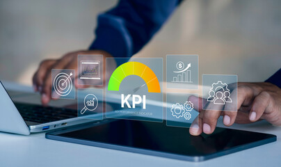Business KPI dashboard interface with performance metrics including ROAS, CTR, CPM, CPL, and strategic icons for growth, analysis, and optimization, modern overlay for marketing reporting visuals