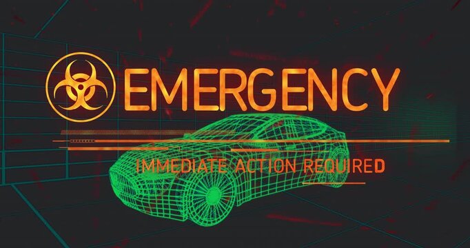 Interface opening scanning bars wireframe car biohazard icon and warning pulsing to signal action