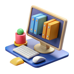 3d render of a computer setup with books and office supplies isolated on transparent background